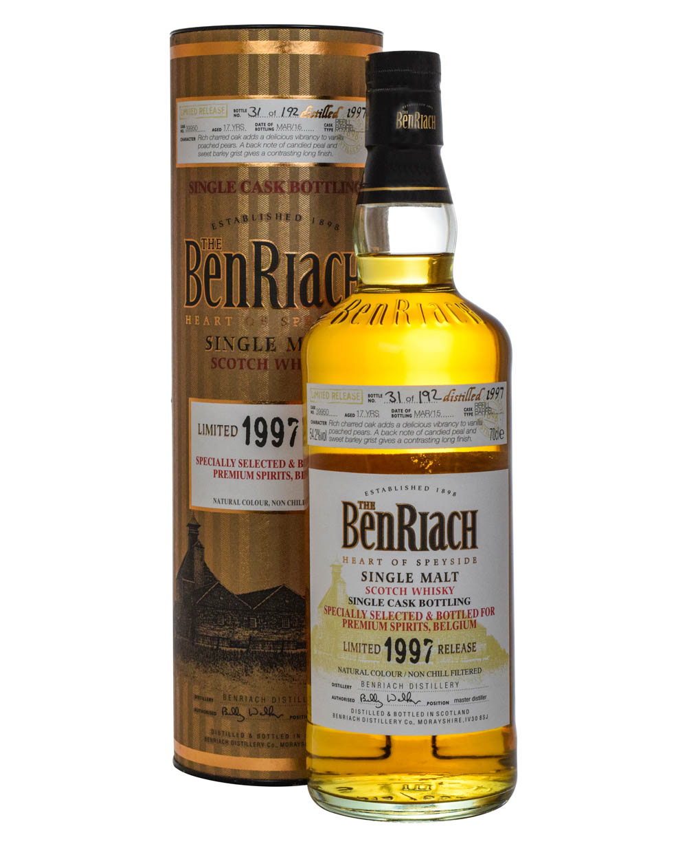 Benriach 17 Years Old Specially Selected & Bottled For Premium Spirits Belgium Limited 1997 Release Cask #39950 Tube Must Have Malts MHM
