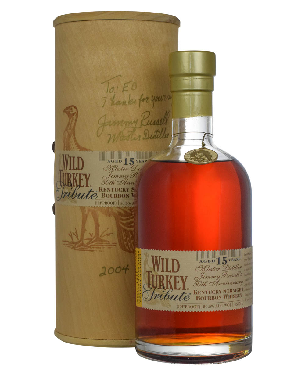 Wild Turkey Tribute 15 Years Old 101 Proof Jimmy Russell's 50th Anniversary 2004 Signed By Jimmy Russell Box & Bottle