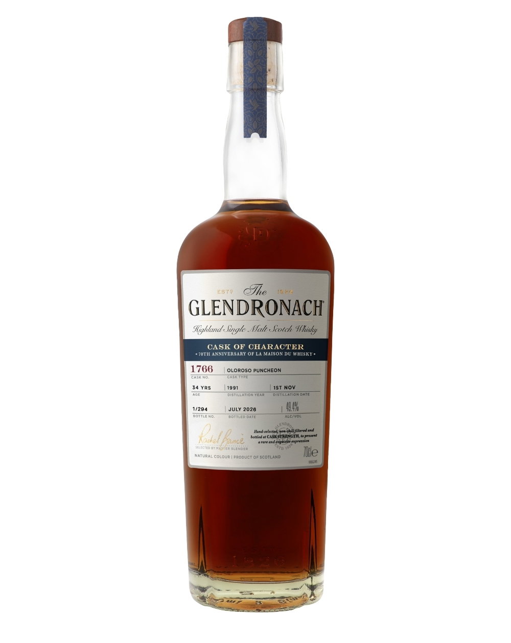 Glendronach Cask of Character - 70th Anniversary of La Maison du Whisky 34 Year Old, Oloroso Puncheon Cask, Cask #1766, 2026, 49.4% whisky bottle